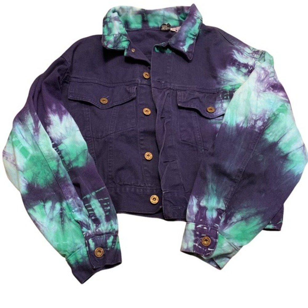 Vintage Paris Sport Club Womens Jean Jacket Tie-Dye‎ Denim Funky Hippie Medium